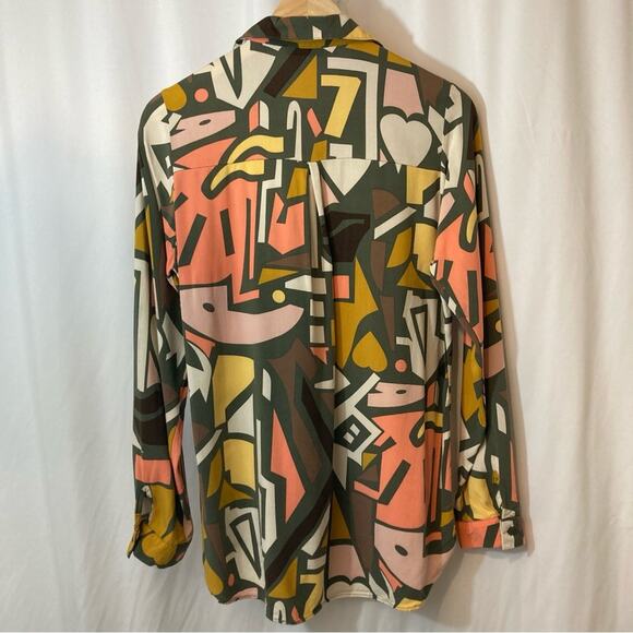 ❤️5/$25 SALE Big Dart Brown Orange Yellow Abstract Button Long Sleeve Blouse Top - Picture 9 of 9